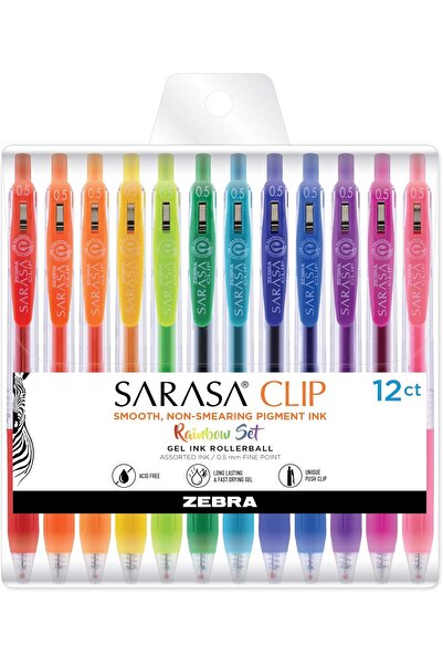 Zebra Pen Sarasa Clip Retractable Gel Pen, Fine Point, 0.5mm, Rainbow Assorted Colors, 12 Pack