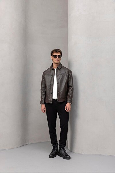 Valiberta Дензел мъжка яке с копчета отстрани и джобове, кожа - кафе