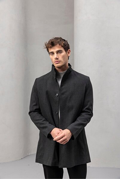 Valiberta Bertolucci Men's Cashmere Coat with Stand Collar, Fitted Cut, Fileto Pockets - Smoked