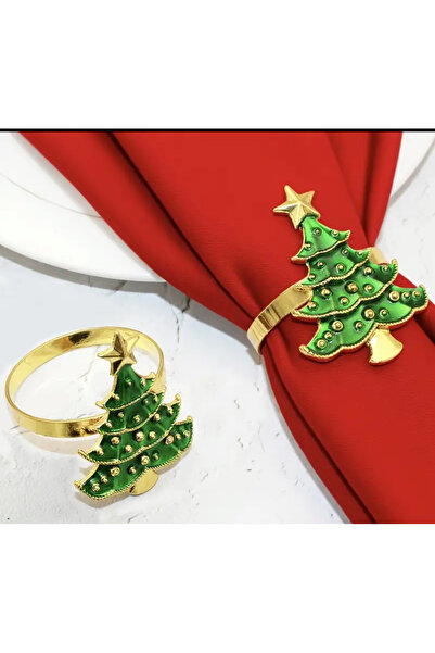 İsmet toka 6 Adet - Çam Ağacı Yılbaşı Peçete Halka Yüzük (KARARMAZ) Yılbaşı - Metal Aksesuar