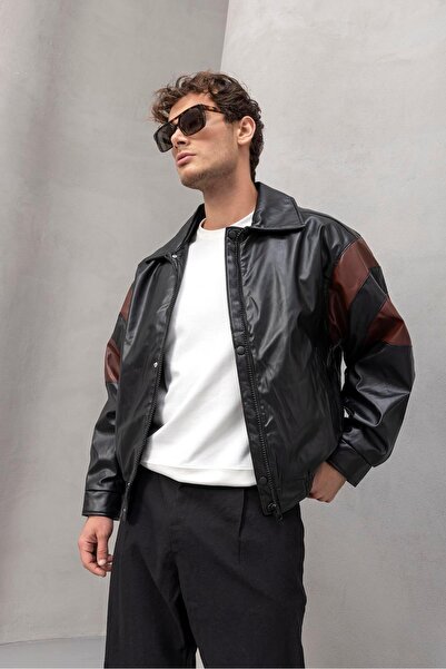 Valiberta Jachetă pentru bărbați cu aspect de piele Burton, cu mâneci garnite și fermoar cu fixare rapidă - negru visiniu