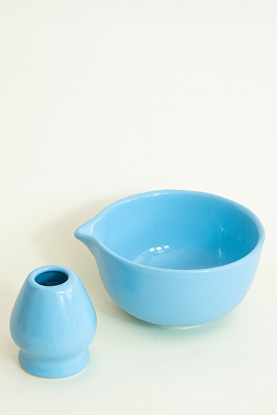 Beige & Stone Ceramic Glossy Blue Matcha Bowl and Whisk Holder Set