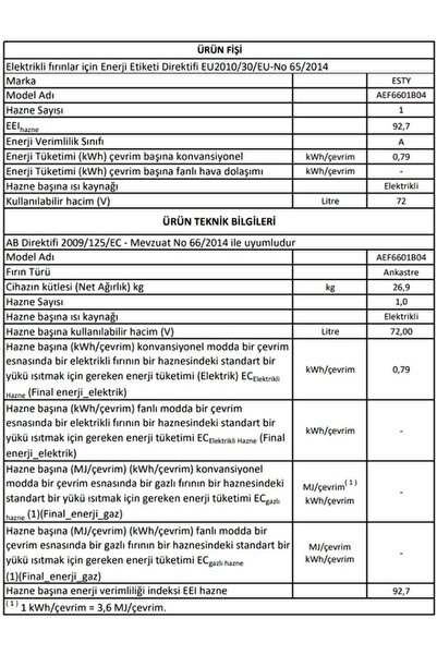 Esty Statik Ankastre Fırın AEF6601B04 Siyah
