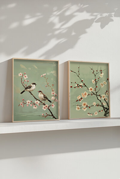 STARYUNA Çiçekli Kuşlu Yağlıboya Efektli Ahşap Çerçeveli İkili Vintage Tablo Seti Yuna324