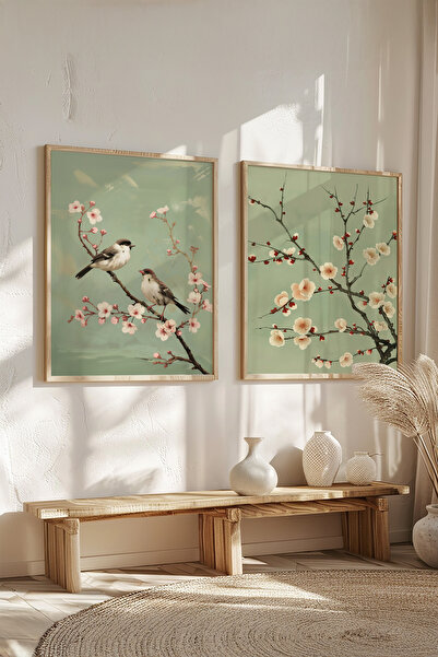 STARYUNA Çiçekli Kuşlu Yağlıboya Efektli Ahşap Çerçeveli İkili Vintage Tablo Seti Yuna324