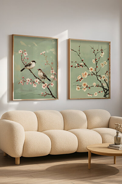 STARYUNA Çiçekli Kuşlu Yağlıboya Efektli Ahşap Çerçeveli İkili Vintage Tablo Seti Yuna324