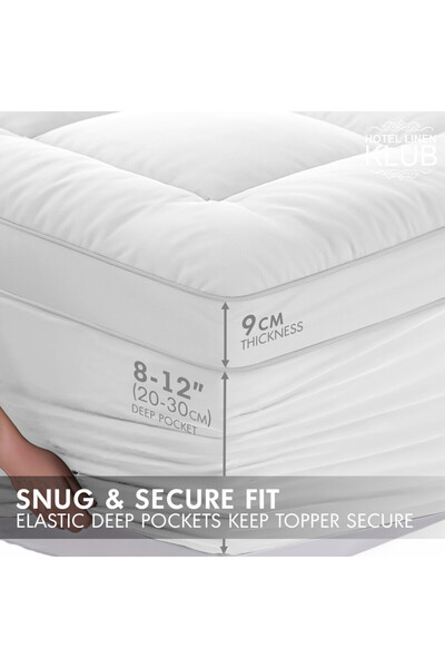 Hotel Linen Klub Premium Fitted-Style Mattress Topper 9cm/800GSM with deep pocket and all around elastic – White