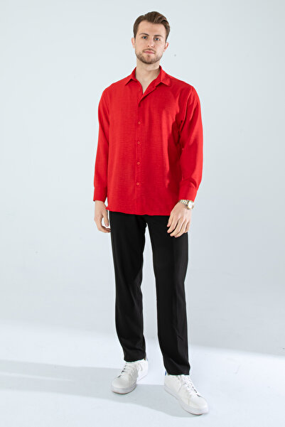 YXC Trend Maker Ανδρικό λινό πουκάμισο με υφή oversize κόκκινο ανδρικό πουκάμισο