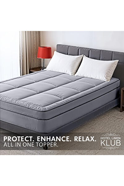 Hotel Linen Klub Premium Fitted-Style Mattress Topper 9cm/800GSM with deep pocket and all around elastic – Silver