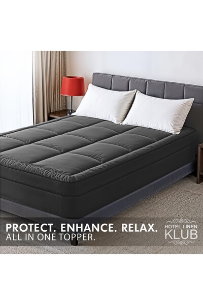 Hotel Linen Klub Premium Fitted-Style Mattress Topper 9cm/800GSM with deep pocket and all around elastic – Black