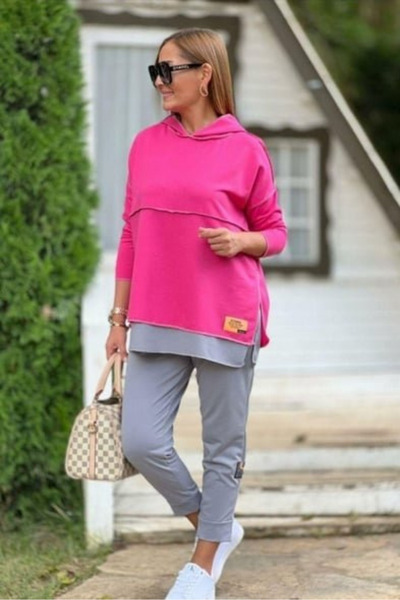 JANES Yeni Sezon Kadın Pembe Kapşonlu Etek Ucu Detay Arma Ikili Takım