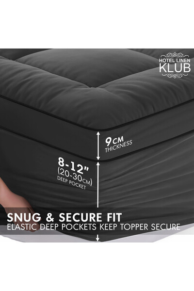 Hotel Linen Klub Premium Fitted-Style Mattress Topper 9cm/800GSM with deep pocket and all around elastic – Black