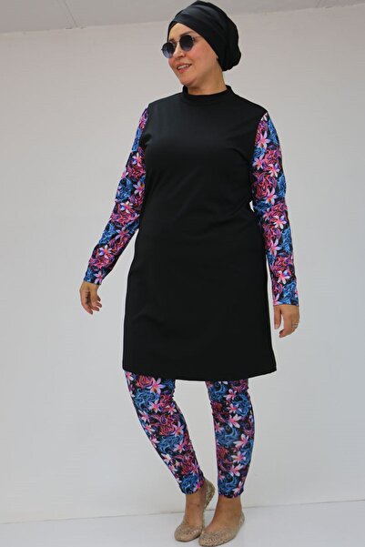 Eslina F-1729 Μαγιό Μακρυμάνικο Τζινάκι Μεγάλου Μεγέθους - Μαύρο - Φούξια