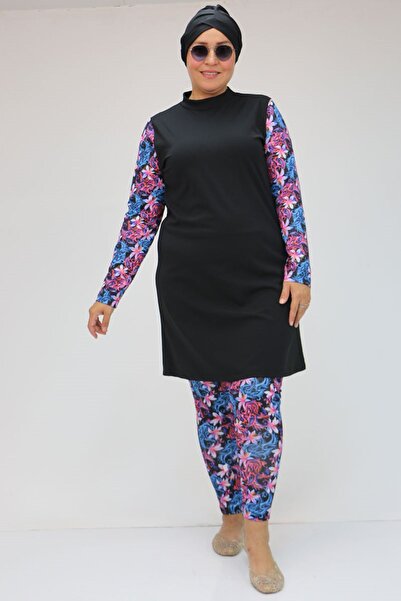 Eslina F-1729 Μαγιό Μακρυμάνικο Τζινάκι Μεγάλου Μεγέθους - Μαύρο - Φούξια