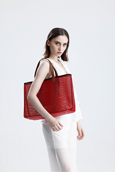 HEYBE'S Women's Red Honeycomb Pattern Transparent Large Size Beach and Shopping Shopper Tote Shoulder Bag