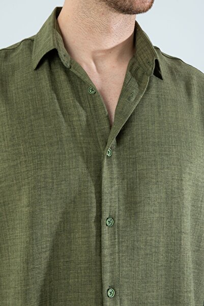 YXC Trend Maker Erkek Keten Dokulu Oversize Açık Haki Erkek Gömlek