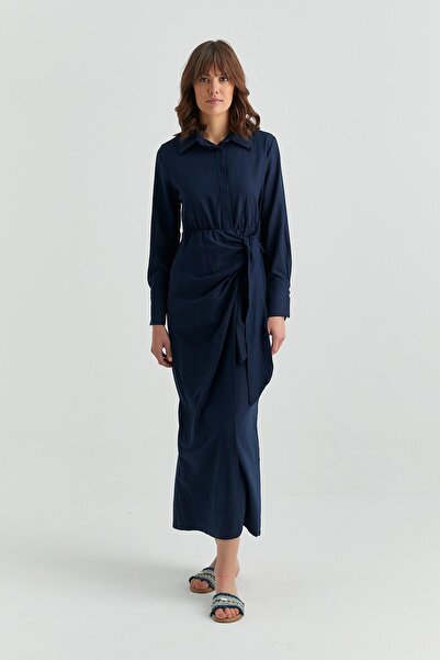 MARKALİSTE Navy Blue Linen Dress - Skirt Tied