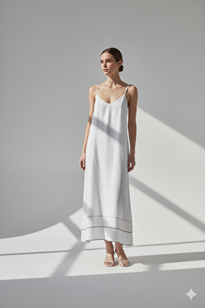 JOJOMIA فستان نسائي طويل يومي بحمالات من لولي - كريمي-أنثراسيت