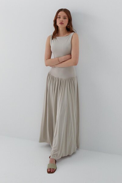 MARKALİSTE Büzgü Detaylı Maksi Elbise Taş