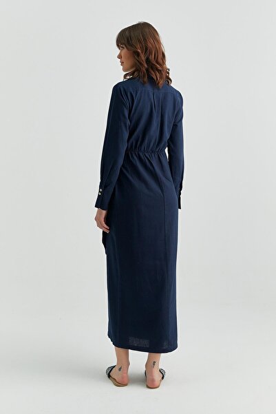 MARKALİSTE Navy Blue Linen Dress - Skirt Tied