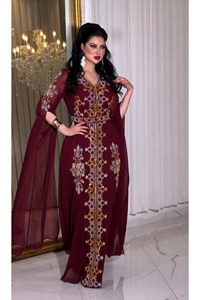 NHMODA فستان سهرة من قماش الشيفون المطرز بالحجر باللون الذهبي والفضي ورقبة عل...