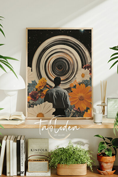 tablodea Κοσμική ρετρό ζωγραφική με πλαίσιο, σουρεαλιστική λουλουδάτη μοντέρν...