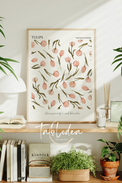 tablodea Vintage Laleler Çerçeveli Poster Tablo, Çiçekli Minimalist Dekoratif...
