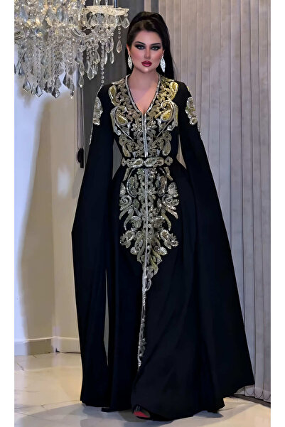 NHMODA Krep Kumaş, Altın Renk İşlemeli, V Yaka, Yarasa Kollu, Abiye