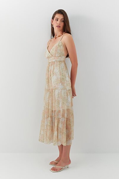 MARKALİSTE Patterned V-Neck Chiffon Dress Beige