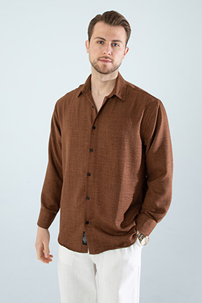 YXC Trend Maker Мъжка ленена риза в тъмнокафяво, с голям размер