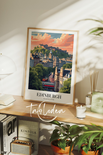 tablodea Edinburgh Seyahat Temalı Modern Çerçeveli Poster Tablo, Retro İskandinav Şehir İllüstrasyonu Tablo