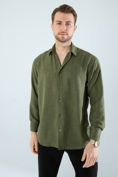 YXC Trend Maker Erkek Keten Dokulu Oversize Açık Haki Erkek Gömlek