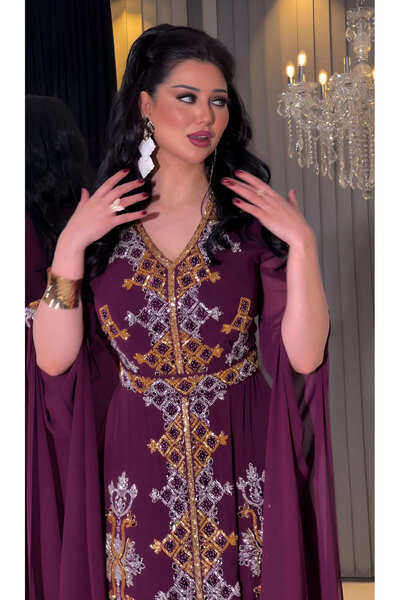 NHMODA Altın Ve Gümüş Renk Taş İşlemeli Şifon Kumaş V-Yaka Yarım Şeffaf Kol Abiye