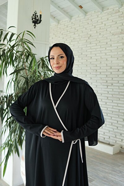 ISTANBUL STYLES Stylish Prayer Dress Made of Jersey Fabric with Black Double-Breasted Collar and Piping Details.