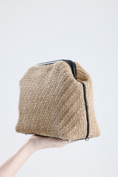 HEYBE'S Heybes Women's Black Leather Detailed Herringbone Knitted Jute Clutch Handbag