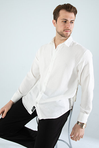 YXC Trend Maker Ανδρικό λευκό πουκάμισο με υφή λινό, oversize