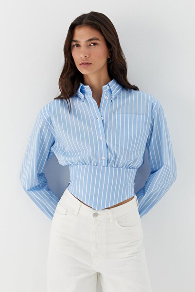 MARKALİSTE Corset detailed striped poplin shirt light blue