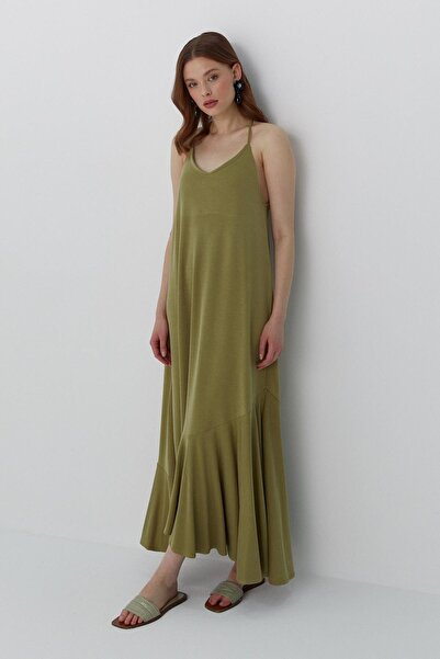 MARKALİSTE Askılı V Yaka Maksi Elbise Yağ Yeşili