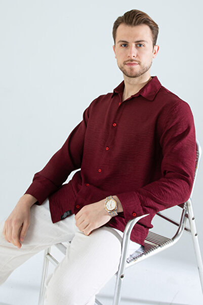 YXC Trend Maker Erkek Keten Dokulu Oversize Bordo Erkek Gömlek