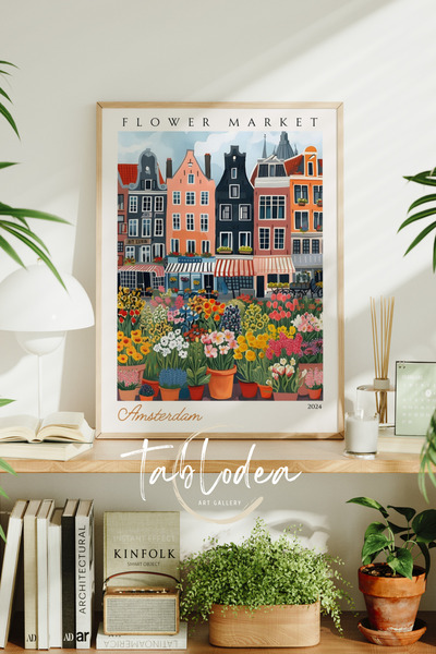 tablodea Flower Market Amsterdam Modern Çerçeveli Poster Tablo, Retro Dekorat...