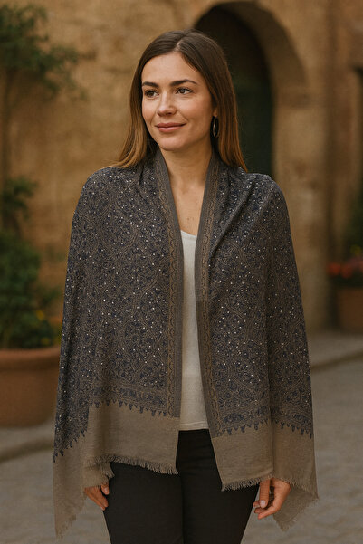 Hazard Taşlı Su Yolu Desenli Kahverengi-Lacivert Şal