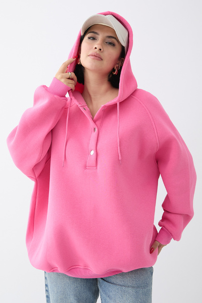 InStyle Çıtçıt Yaka Kapüşonlu Pembe Sweat