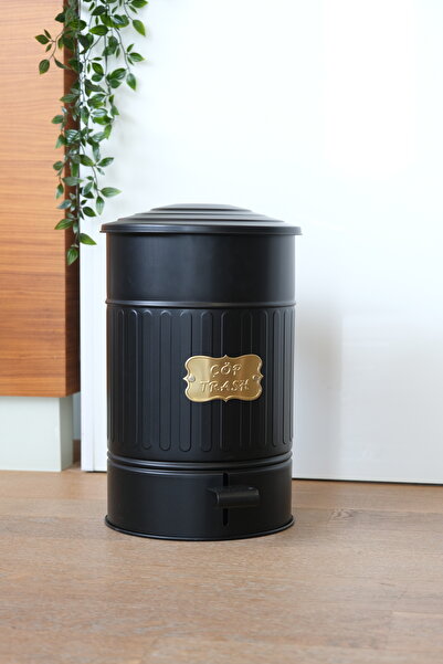 Yıldıray Metal غطاء معدني أسود اللون، سلة المهملات بدواسة معدنية مجلفنة، 16 لترًا