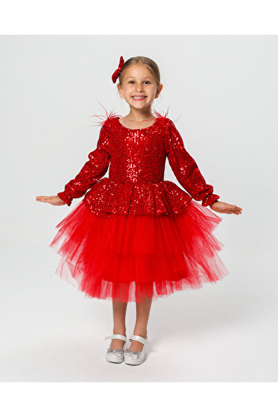 miço kids Kırmızı Payetli Peplumlu Çocuk Abiye Elbise