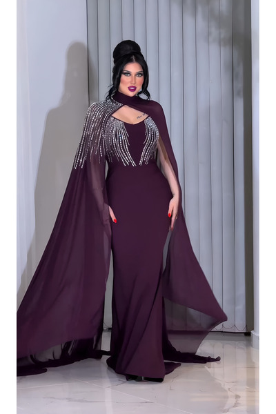 NHMODA TAŞ İŞLEMELİ PELERİN DETAYLI IŞILTILI GECE ABİYESİ