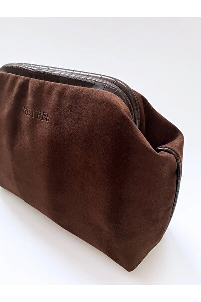 HEYBE'S Heybes Kadın Koyu Kahve Süet Clutch El Çantası Şık Zarif Ve Minimalist Kullanışlı Tasarım