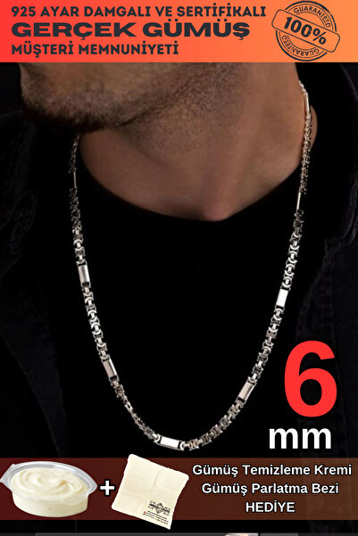 OSMANLI GÜMÜŞ Erkek Gümüş Kolye- 6mm Parçalı Parlak Euro Kral Gümüş Kolye
