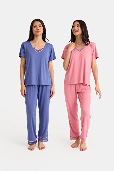 Amarelle Set de pijamale din 4 piese cu decolteu în V, albastru/roz, cu detalii din dantelă