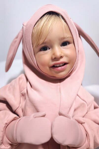 Little Gusto Organic Cotton Double Layer Rabbit Ear Pink Balaclava Hat and Gloves Set