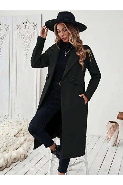 ALPACO Women's Long Sleeve Collared Waist Ribbon Button Detailed Pocketed Mini Cashmere Coat